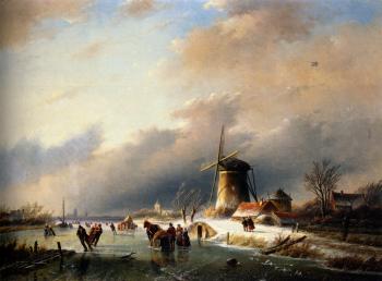 Jan Jacob Coenraad Spohler : Figures Skating on a Frozen River